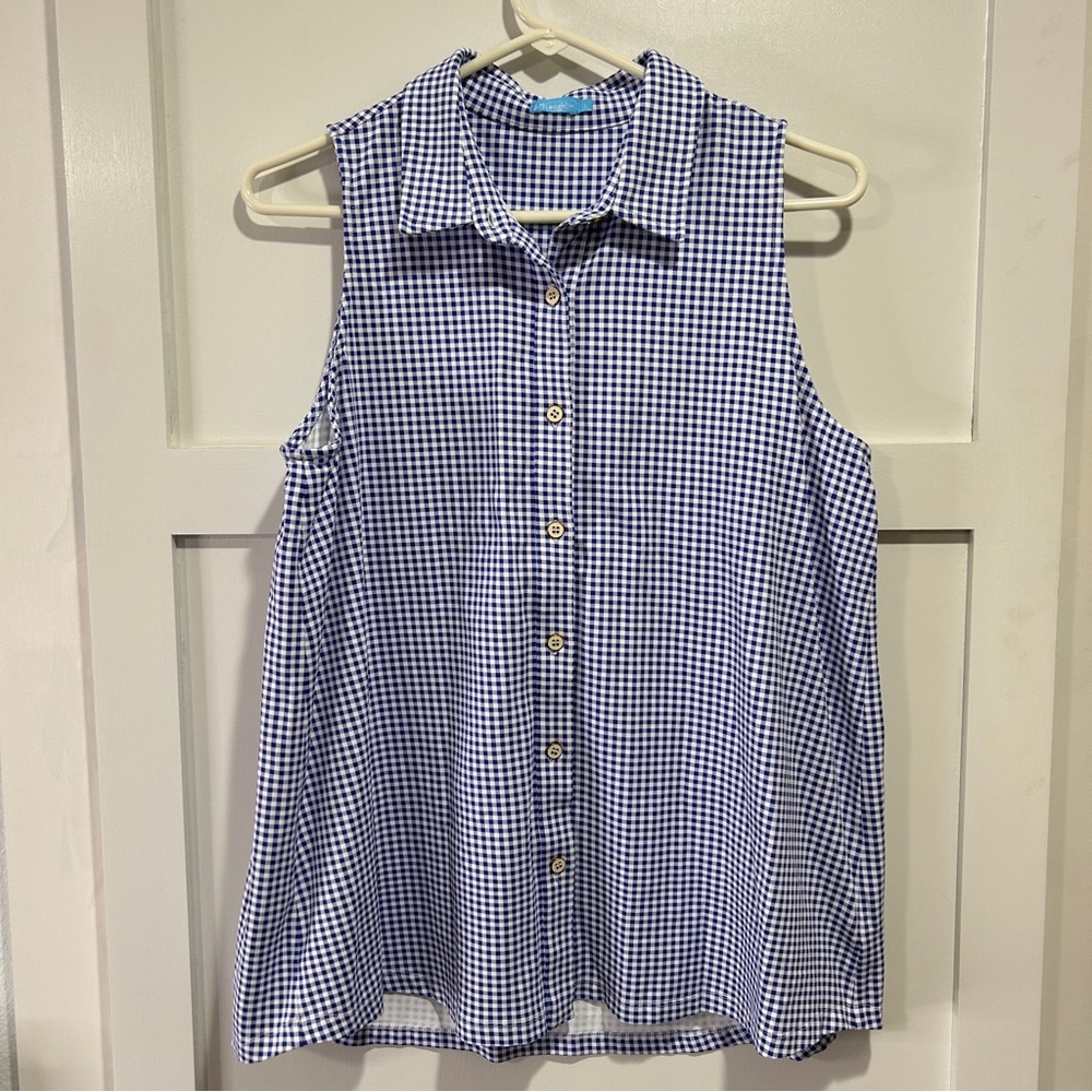 J McLaughlin Blue & White‎ Gingham Sleeveless Button Down Shirt Tank Top Large